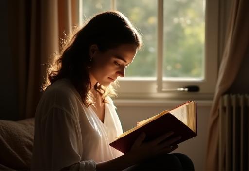 Person reading a book comfortably in a bright room